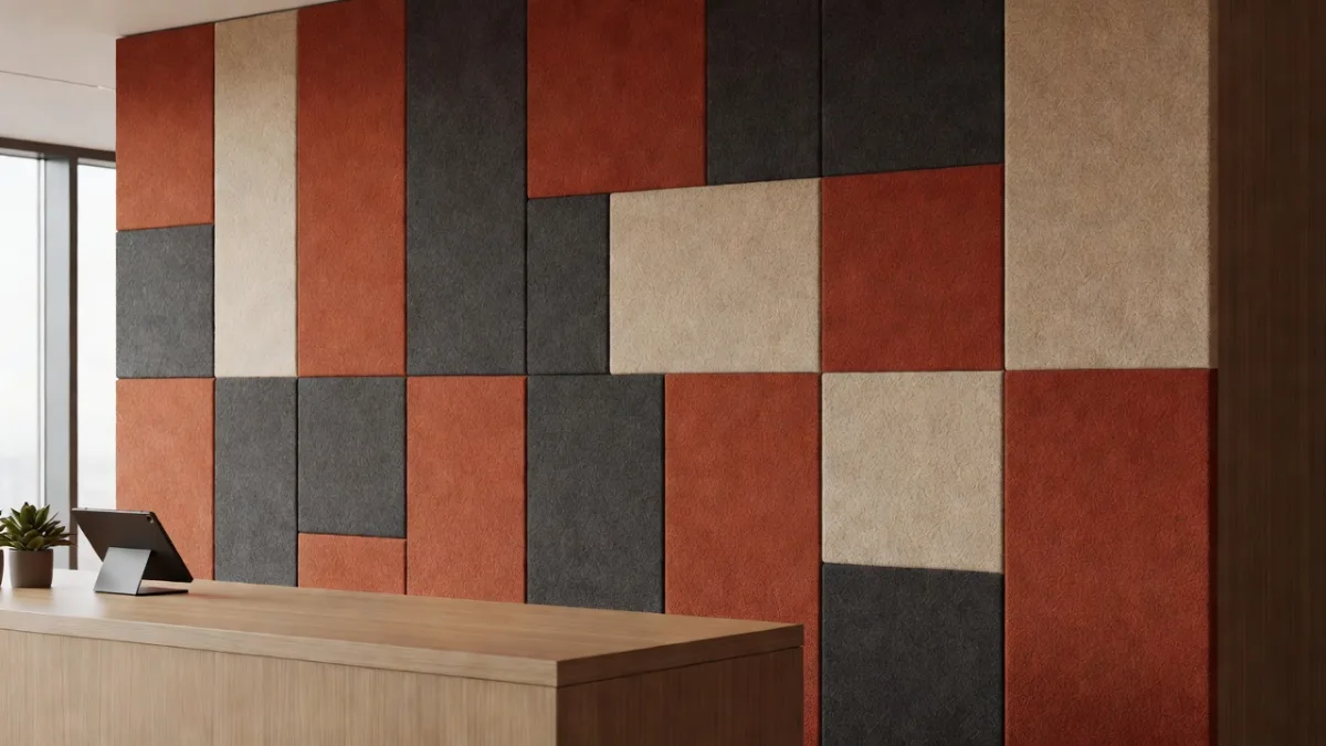 Hotel front desk treated with printed acoustic panels