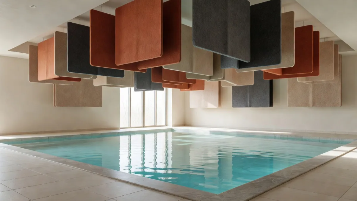Hotel spa with PET felt baffles kept away from the pools