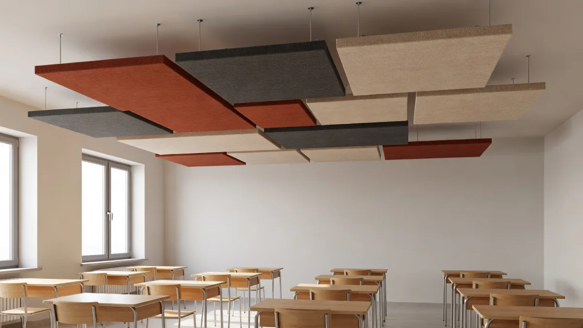 Acoustic rafts suspended from the ceiling of a classroom
