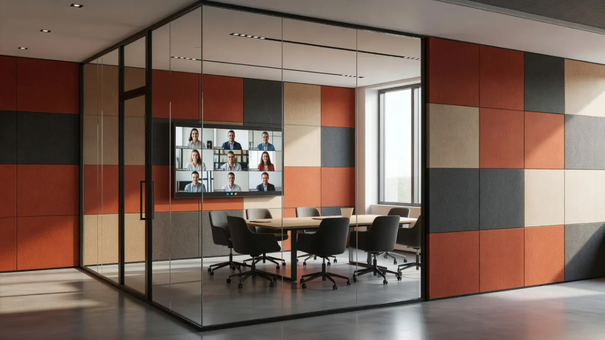 Glass-walled meeting room where video calls echo