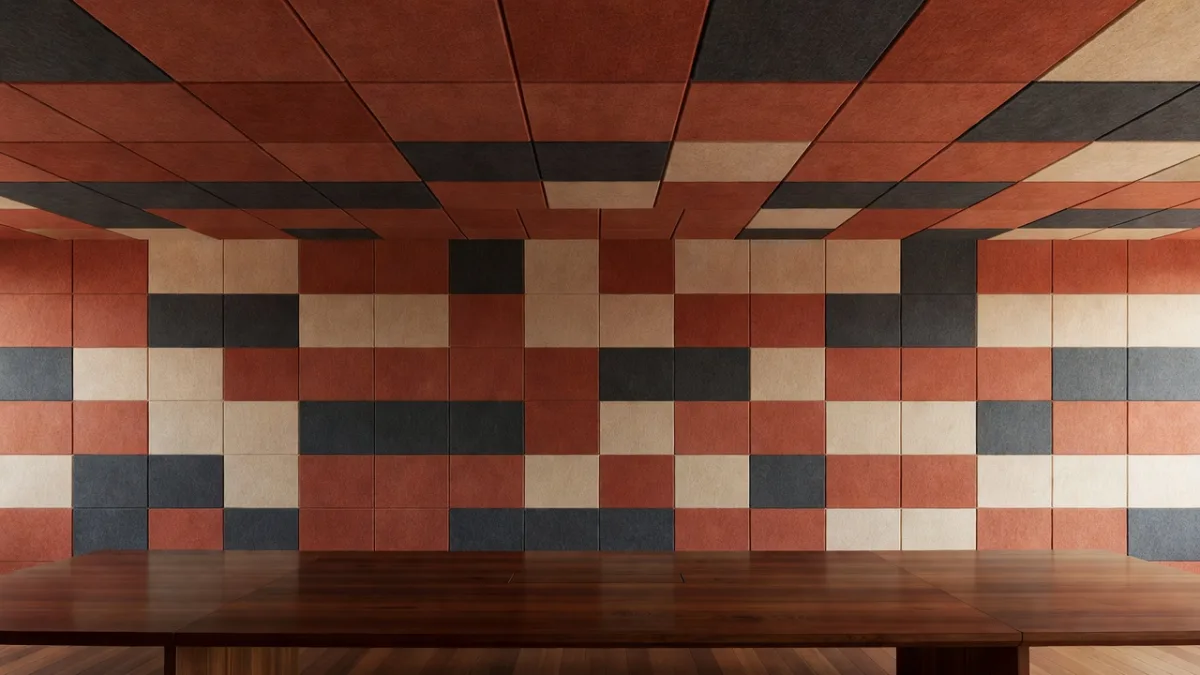 Meeting room ceiling treated with absorbent acoustic panels