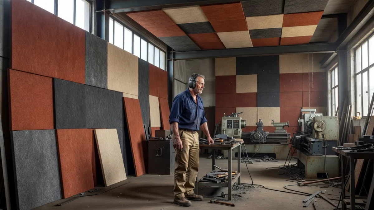 Employee wearing hearing protection in a noisy workshop