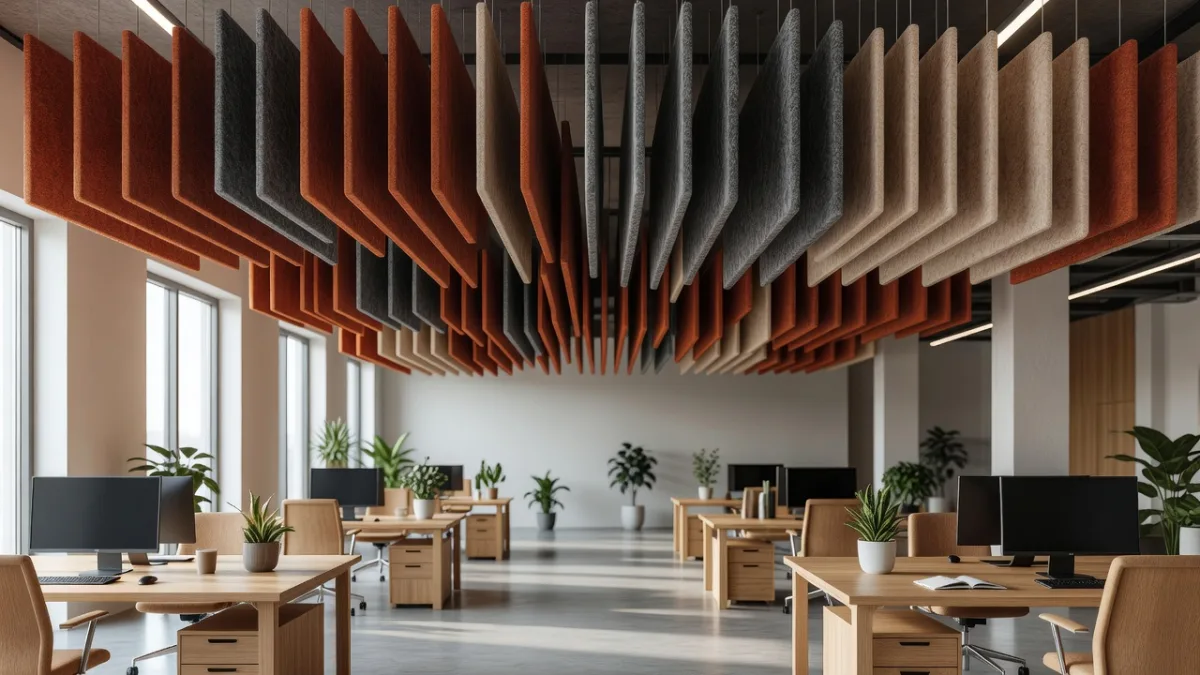 Acoustic baffles suspended above an office floor