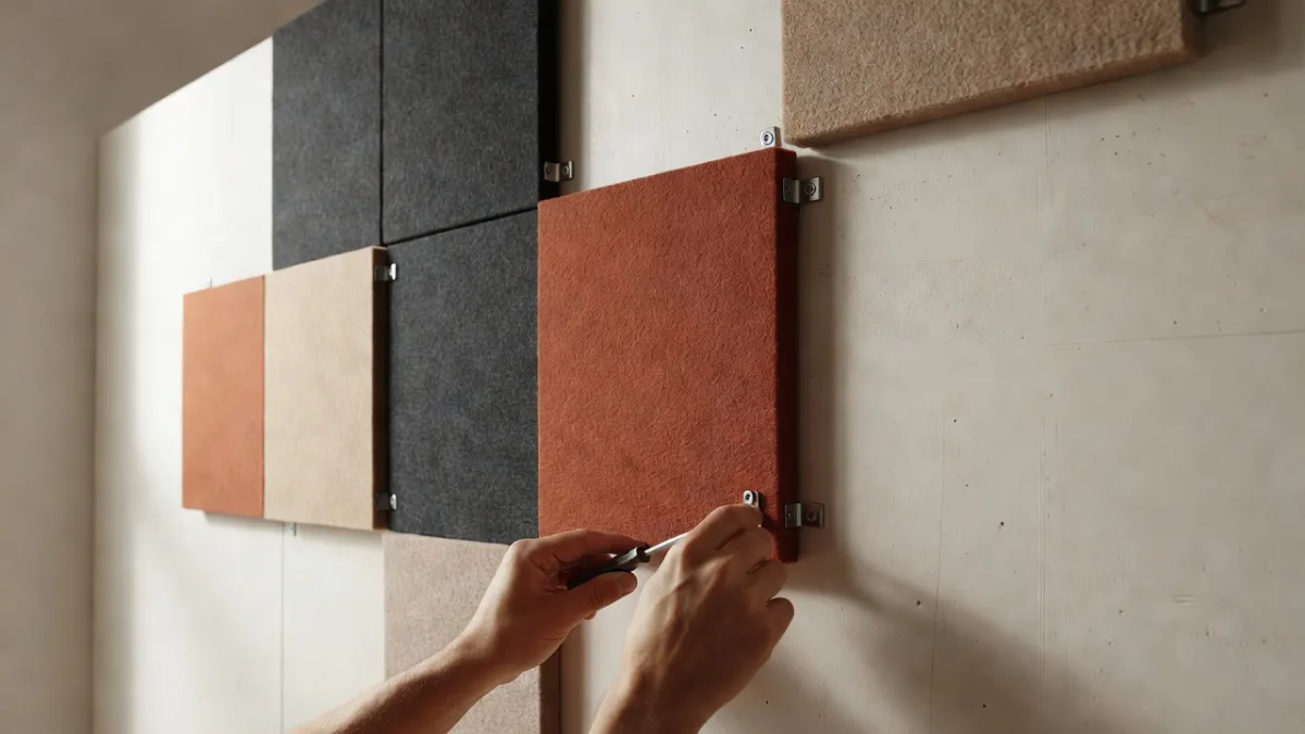 Fixing an acoustic panel with clips screwed onto a partition