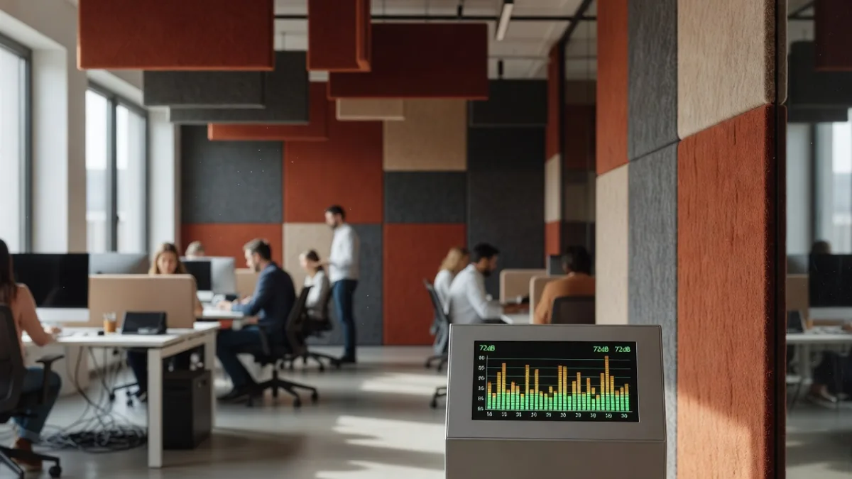 Sound level meter measuring the noise level in decibels in an open-plan office