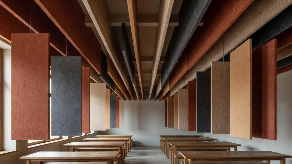 Acoustic ceiling baffles in a noisy room to gain decibels