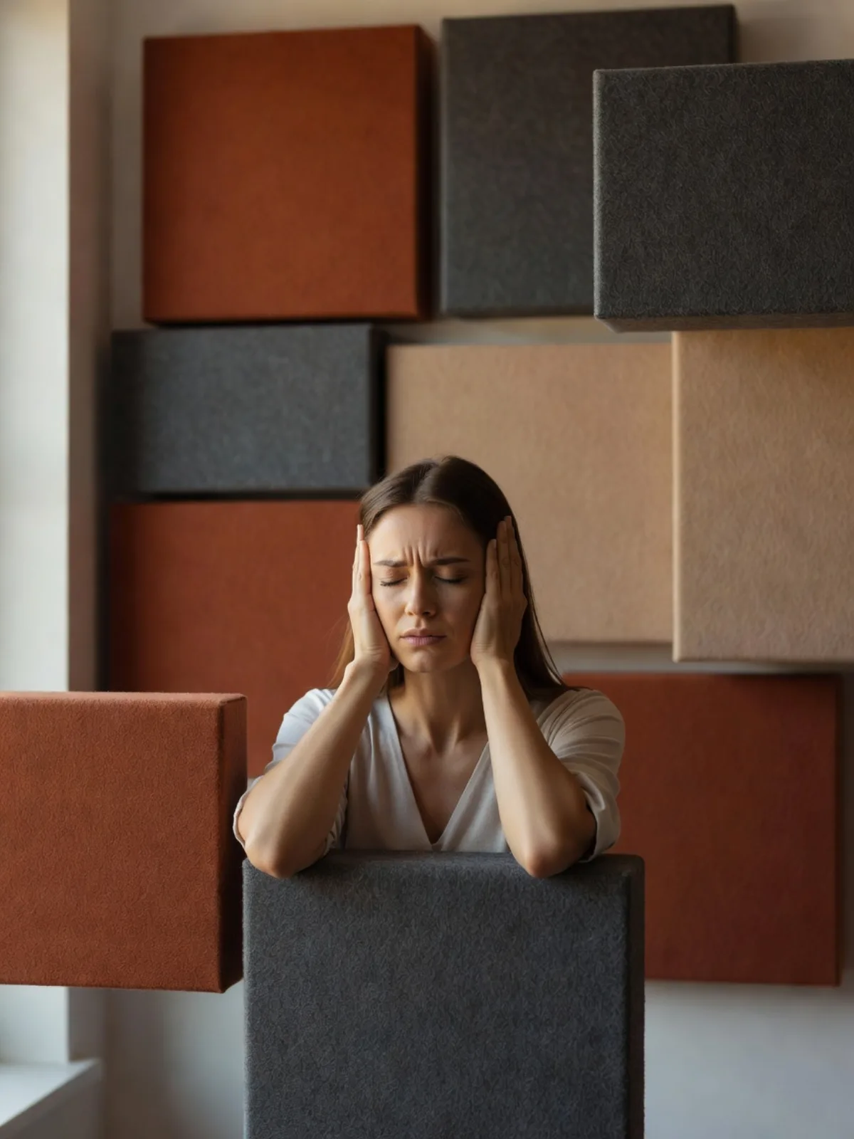 Employee worn out by noise massaging their temples in an open-plan office