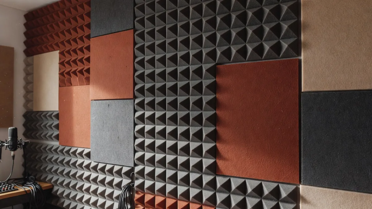 Pyramid acoustic foam tiles glued to the wall of a home studio