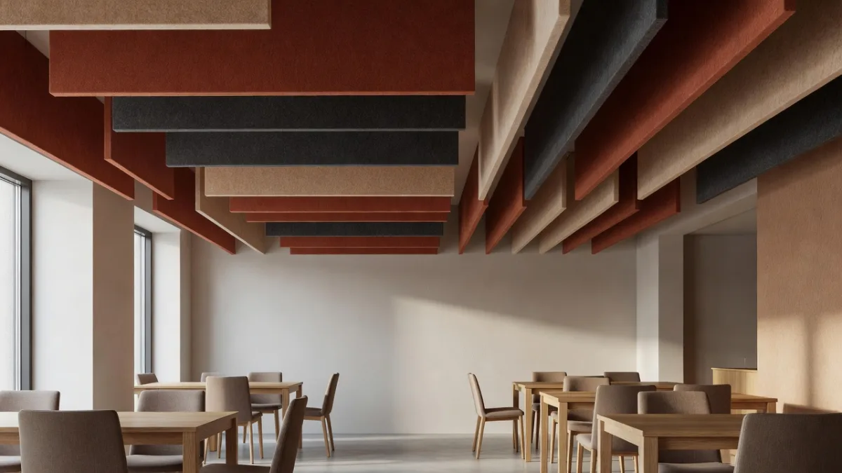 Acoustic baffles on the ceiling of a treated restaurant dining room