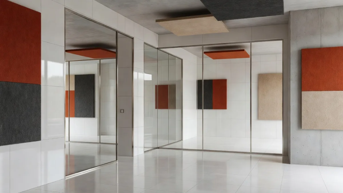 Restaurant dining room with hard surfaces that reflect sound and create reverberation