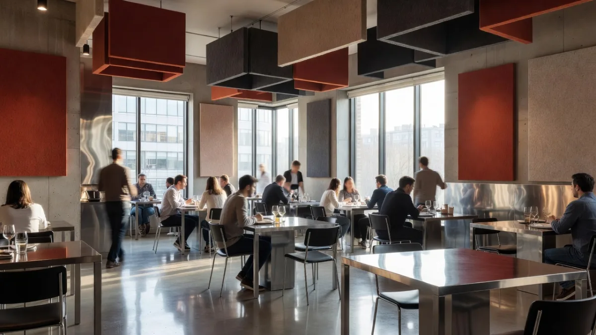 Noisy restaurant dining room with hard, glazed surfaces