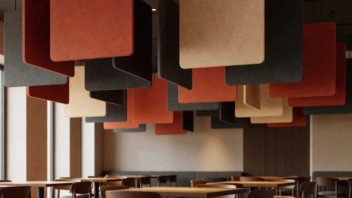 Acoustic baffles suspended from a restaurant ceiling