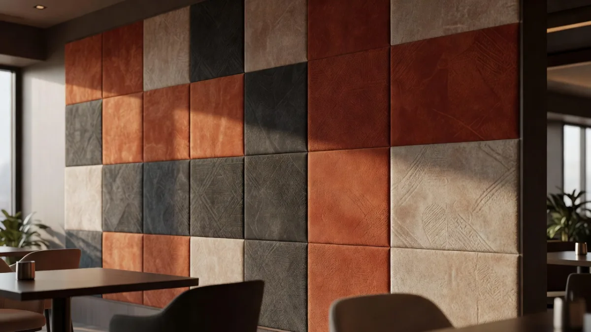 Printed acoustic panels decorating a restaurant wall