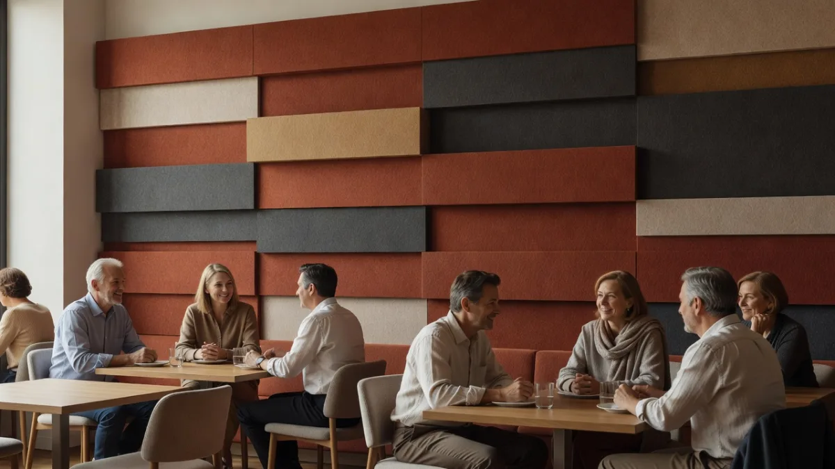 Customers chatting comfortably in an acoustically treated restaurant