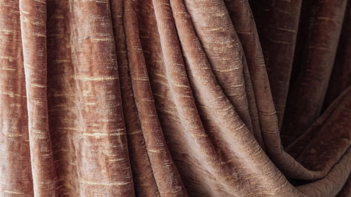 Détail du tissu velours lourd plissé d'un rideau acoustique