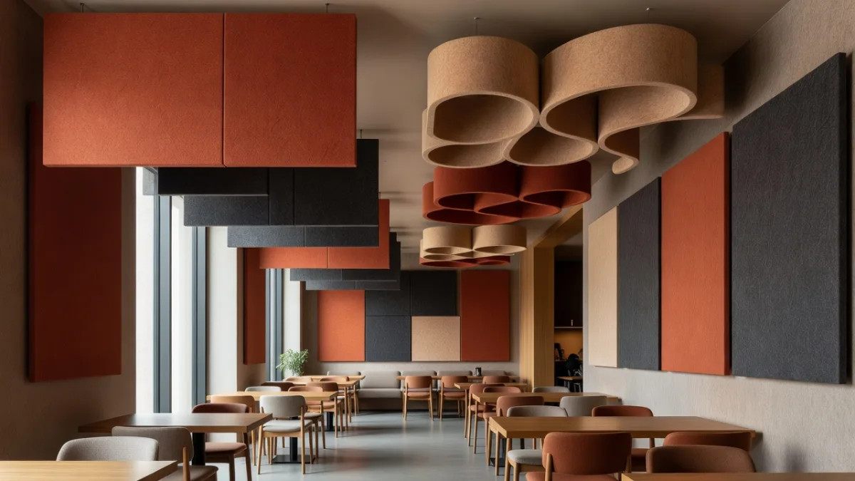 Acoustic panels reducing the reverberation time of a restaurant