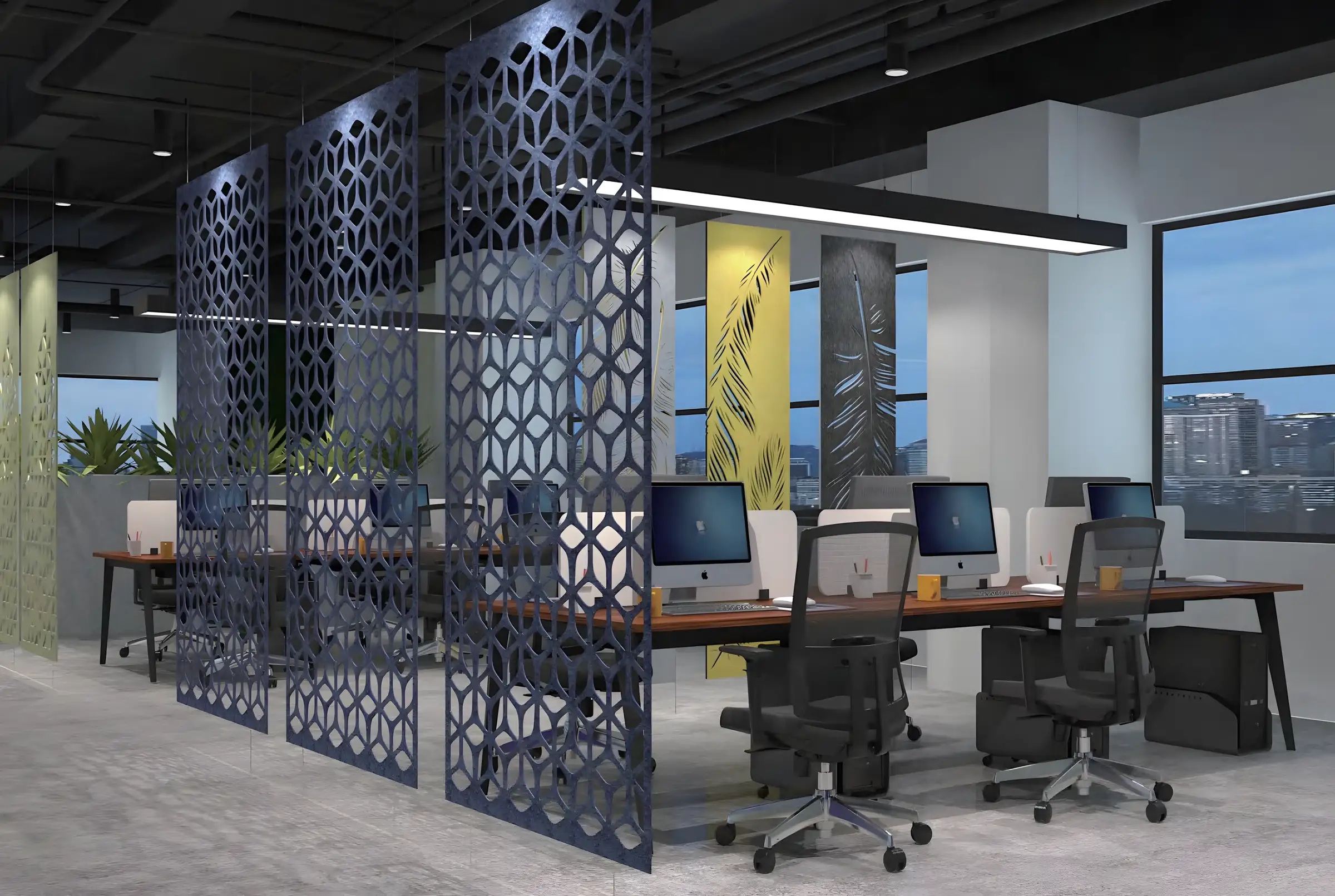 Professional open-plan office treated with printed acoustic panels