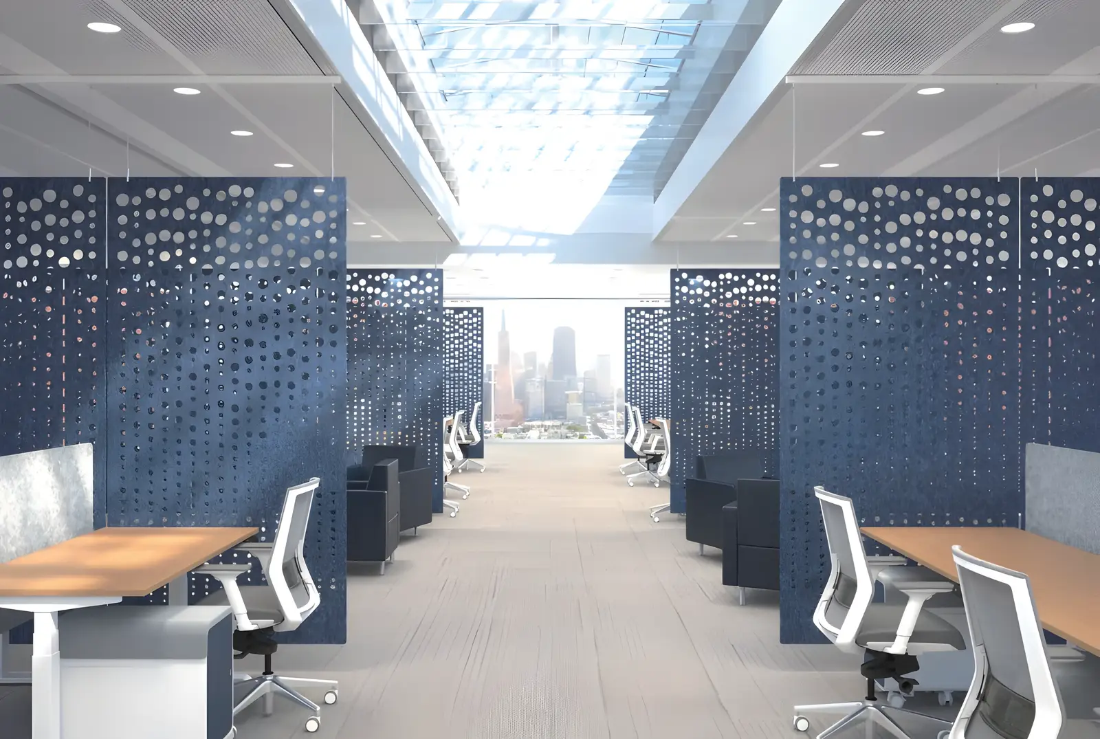 Open-plan office acoustics with absorbent partitions to reduce noise