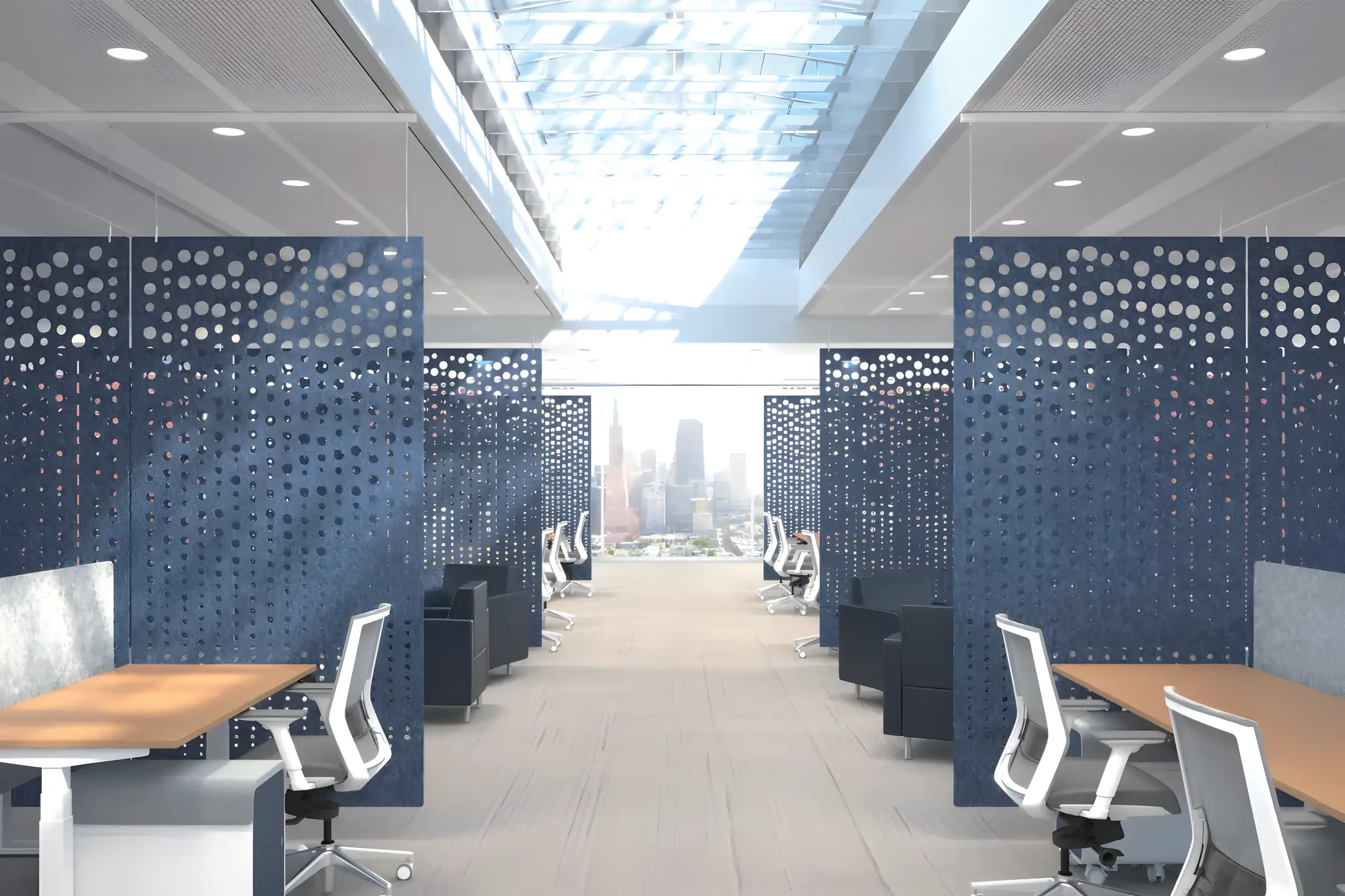 Open plan office divided by hanging openwork acoustic screens