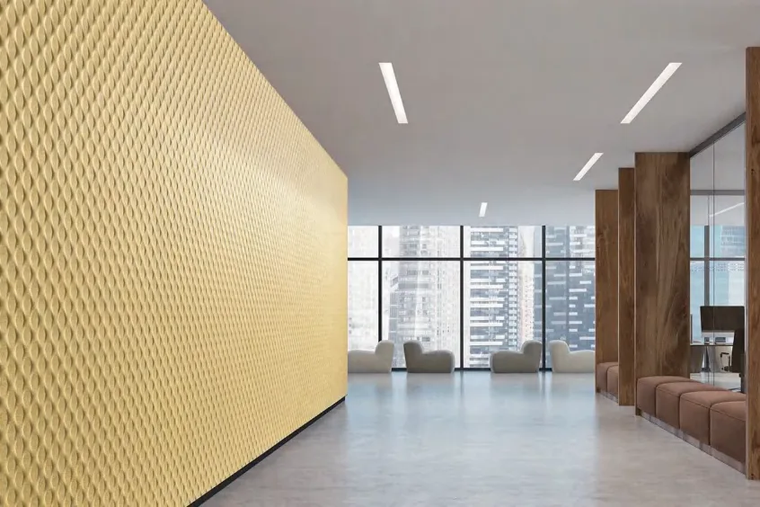 Terracotta embossed acoustic panel with a woven relief pattern