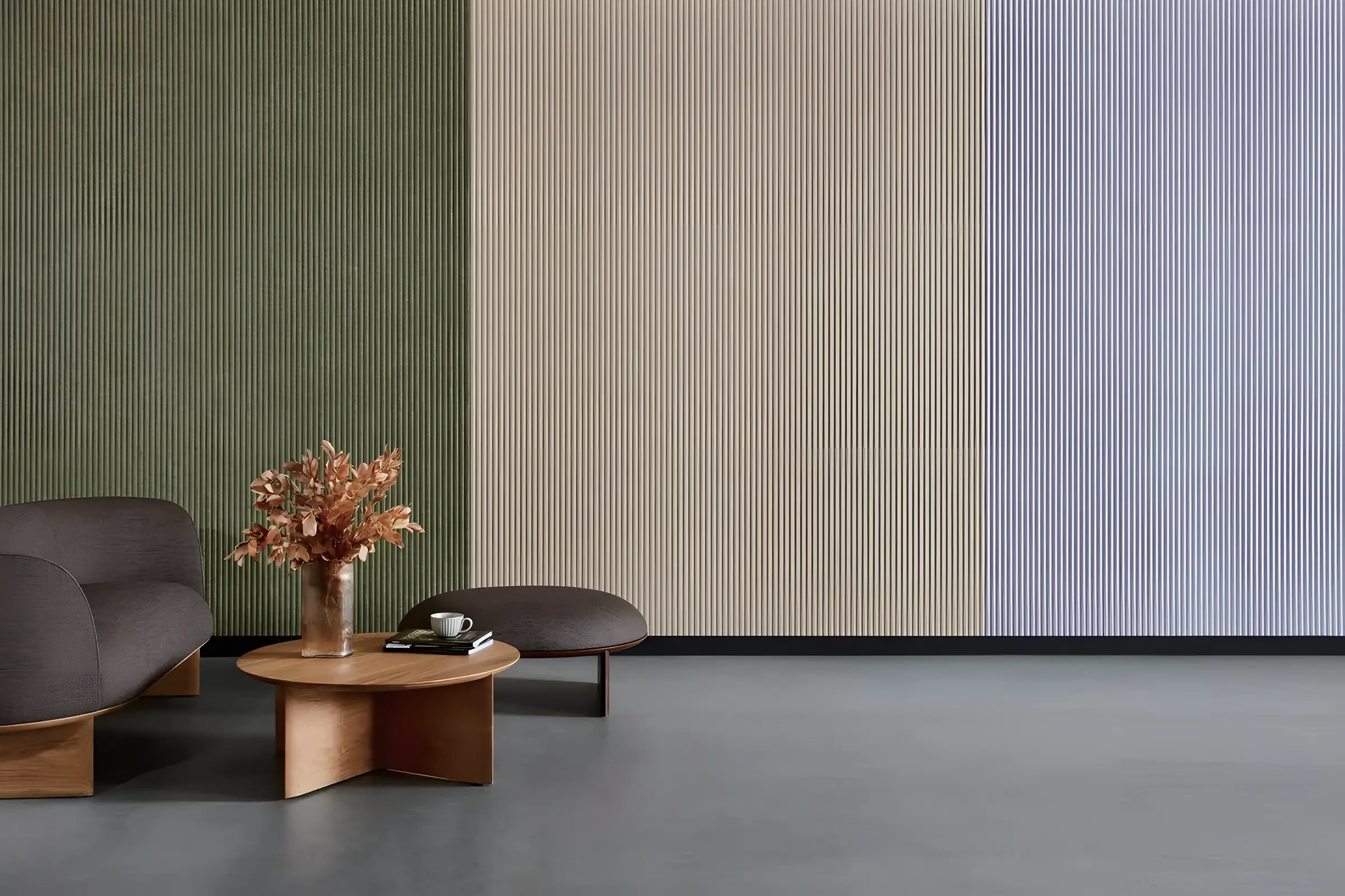 Lounge with an olive green fluted acoustic panel wall