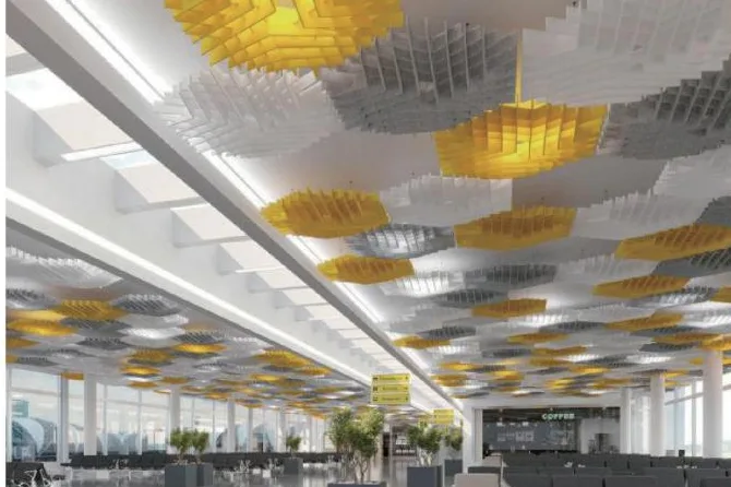 Office ceiling fitted with teal wave acoustic baffles