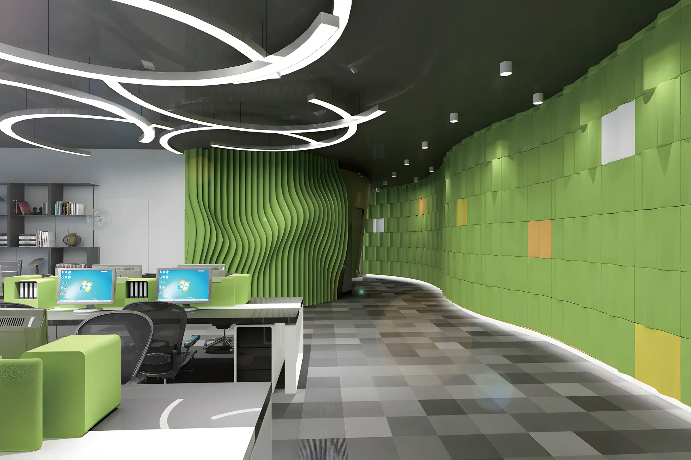 Office corridor dressed with a green sculpted 3D acoustic wall